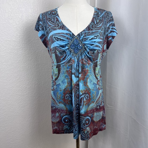 apt 9 Tops - Y2K Boho Top Womens PM Blue Paisley Rhinestone Babydoll Festival Hippie Fairy